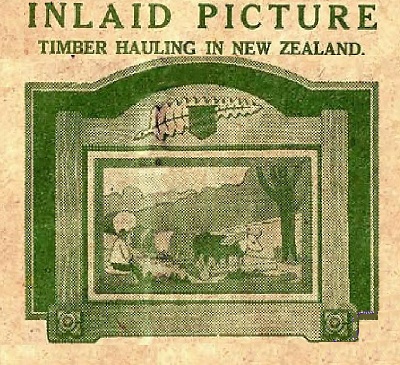 Hobbies 1927 Picture frame with inlaid picture, Timber Hauling in New Zealand
