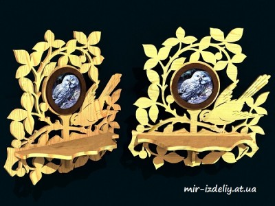 Полочка с птицей на ветке и фотографией из фанеры