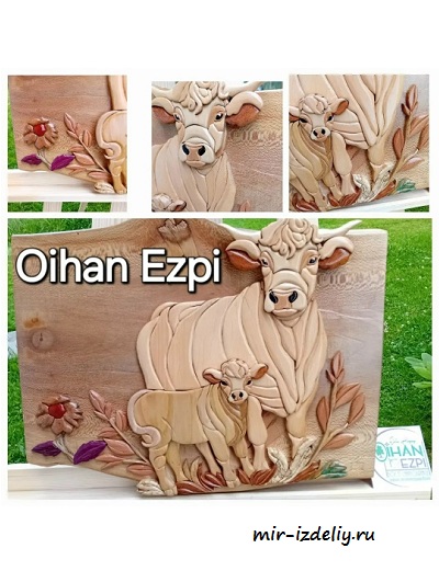 Чертеж: Интарсия корова с теленком для выпиливания лобзиком