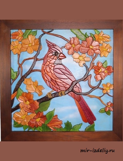 Чертеж: Кардинал среди цветов, интарсия для выпиливания лобзиком