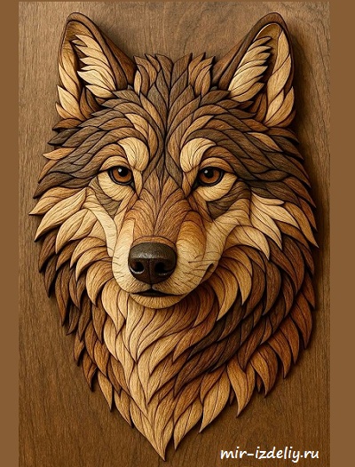 Чертеж: Голова волка интарсия для выпиливания лобзиком